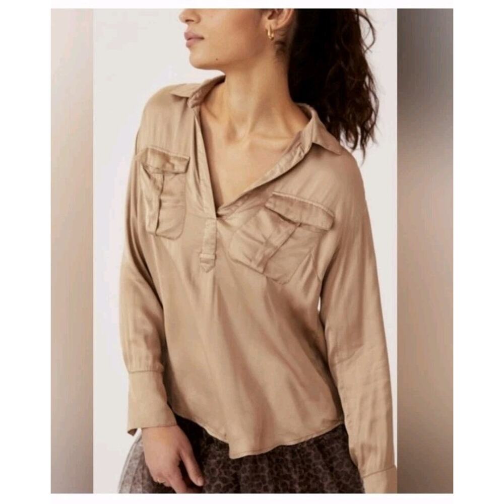 Anthropologie *In Taupe* Satin Womens V-Neck Blouse Top XS Whimsy Flirty